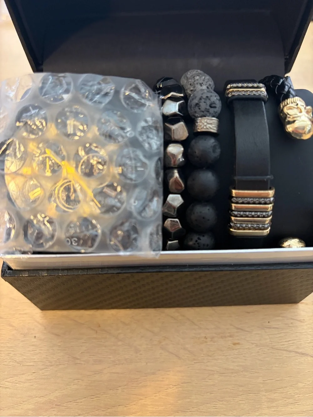 American Exchange Black and Gold Chronograph Watch with Bracelet Stack